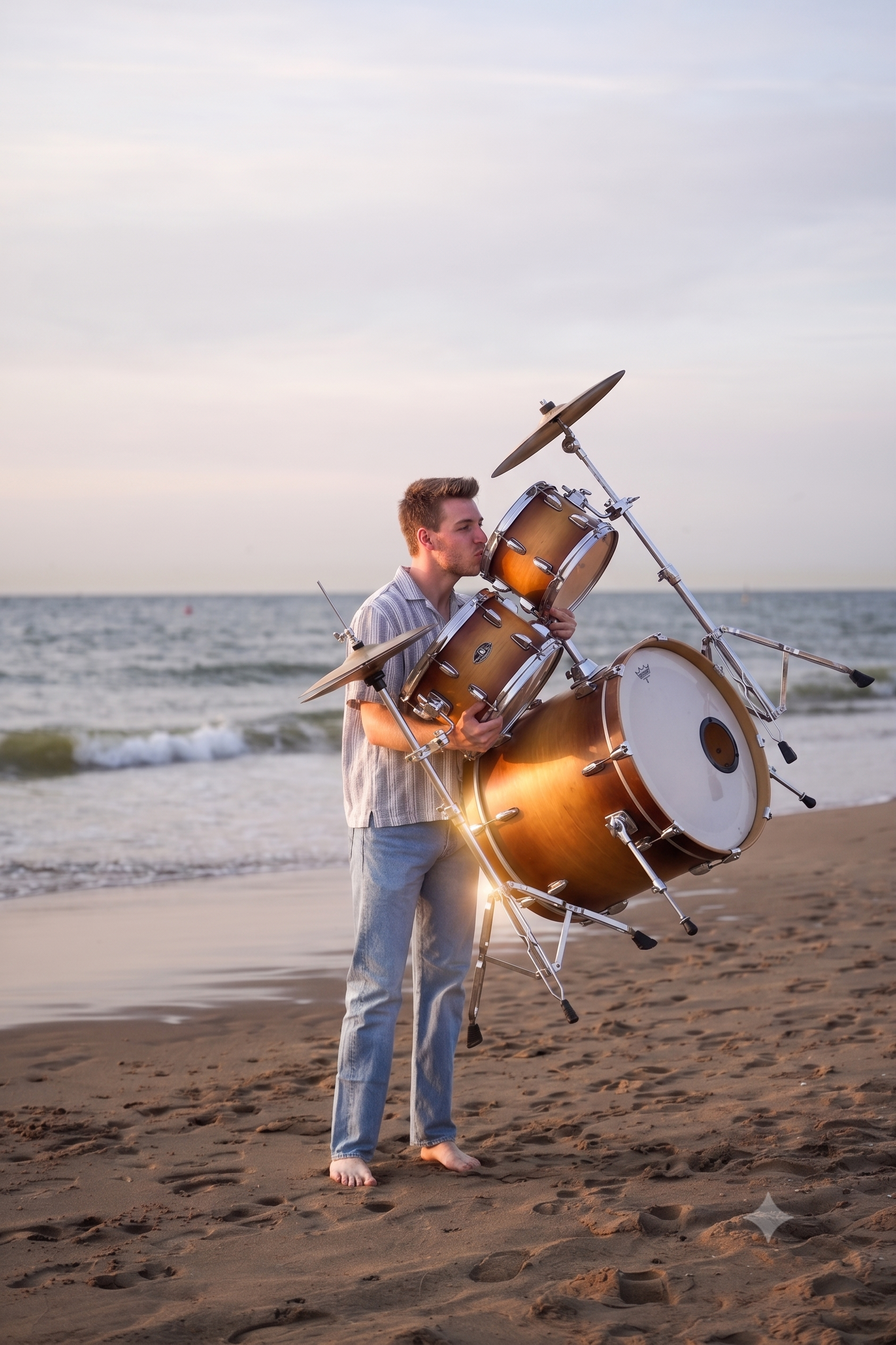 Jonathan küsst sein Schlagzeug am Strand