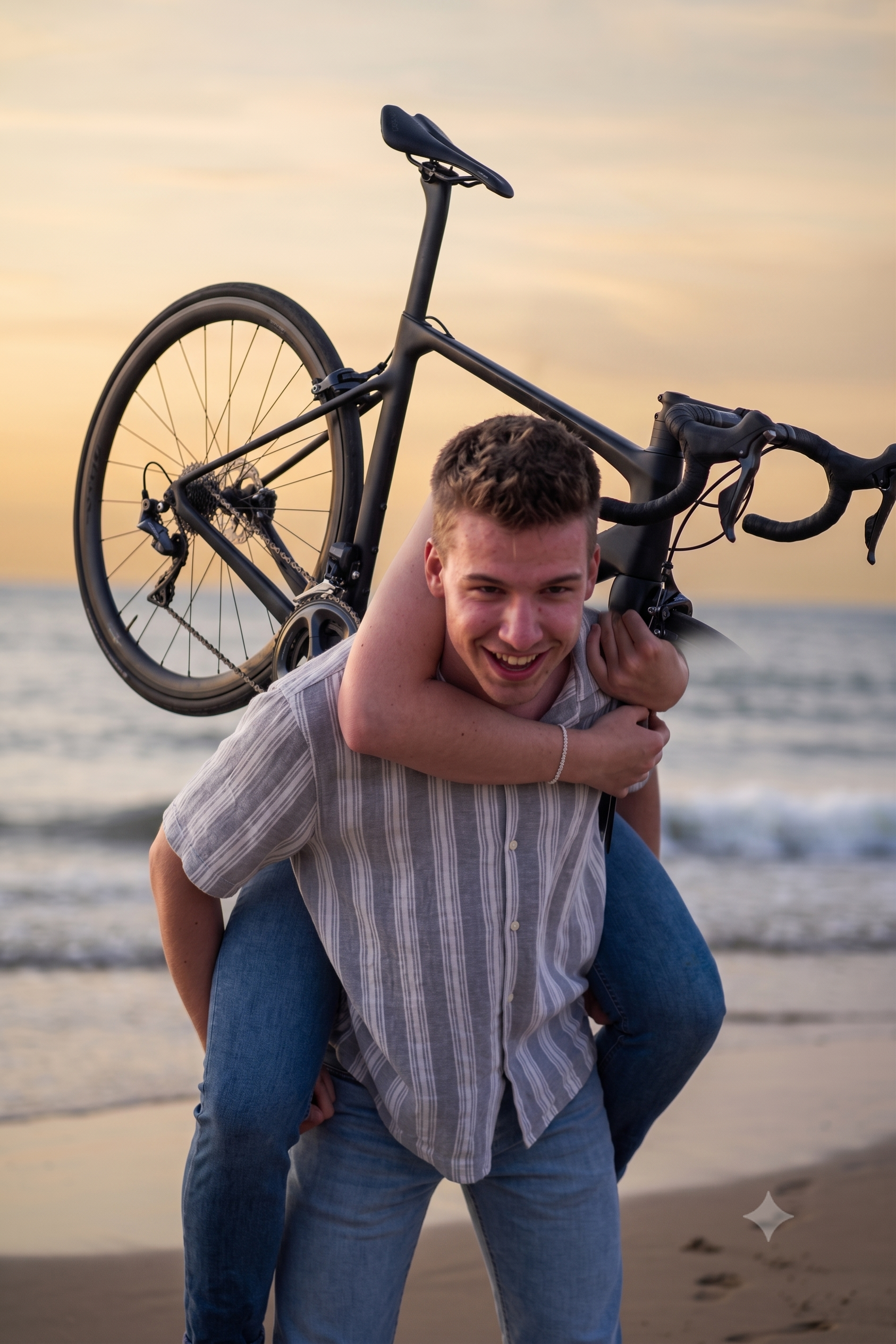 Jonathan trägt sein Fahrrad am Strand